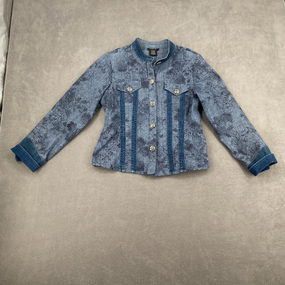 Cynthia Max Denim‎ Jacket Womens PS Blue Distinct Floral Peplum Hem Button Front